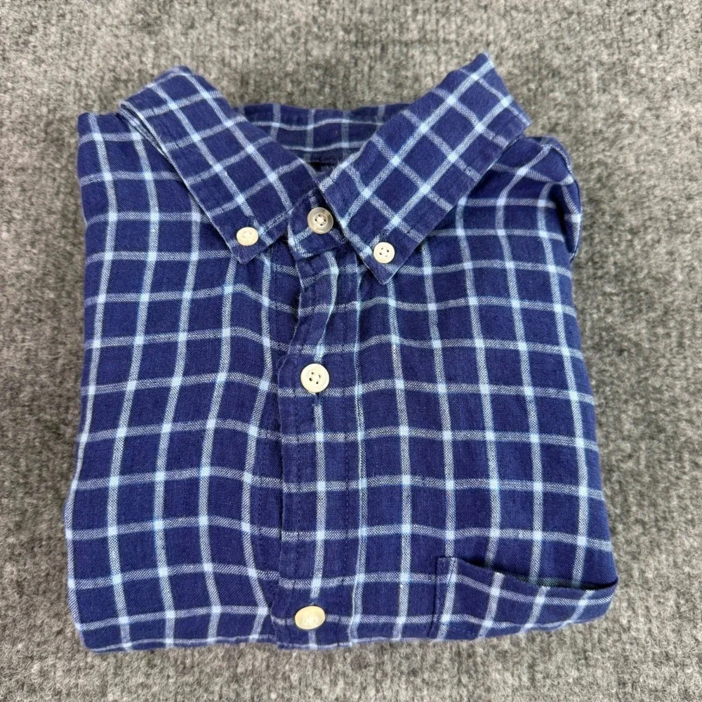 Banana Republic Camden Men Shirt M 100$ Linen Windowpane Plaid Blue EUC